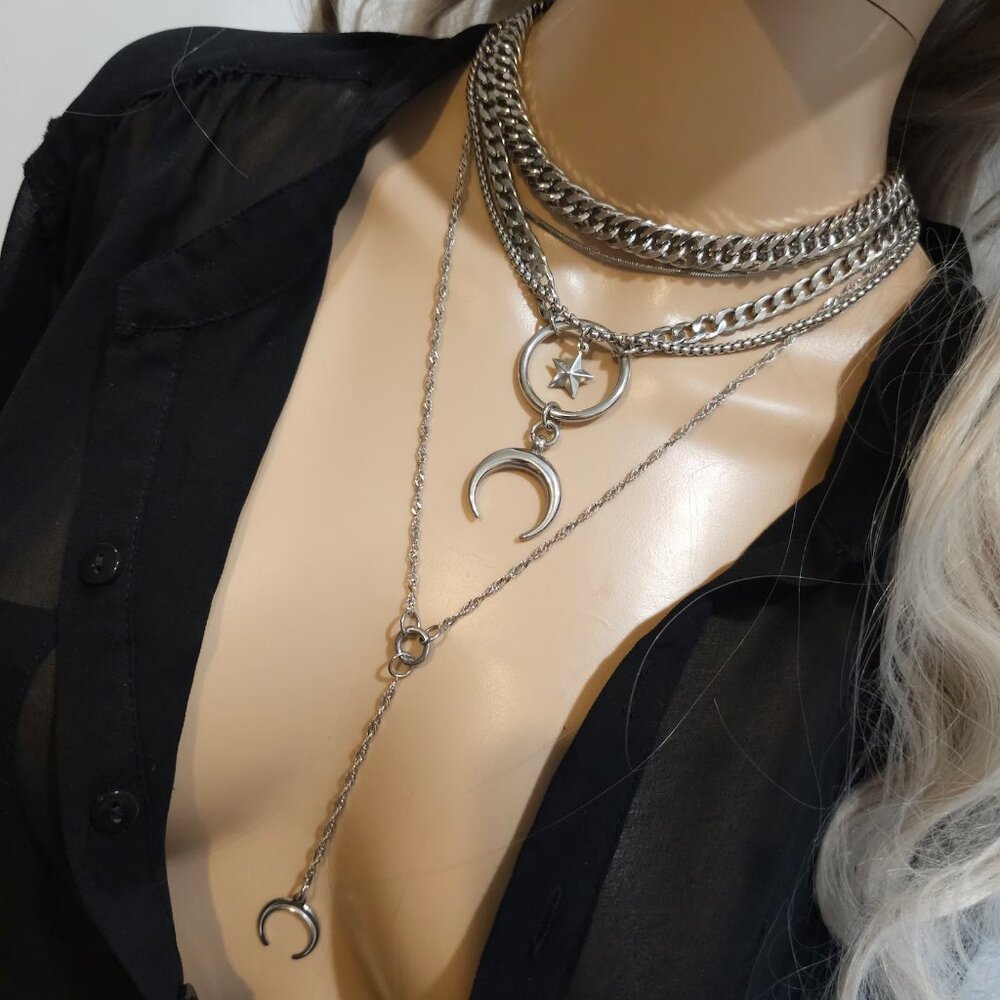 Witchy Moon Layered Chain Necklace Silver Goth